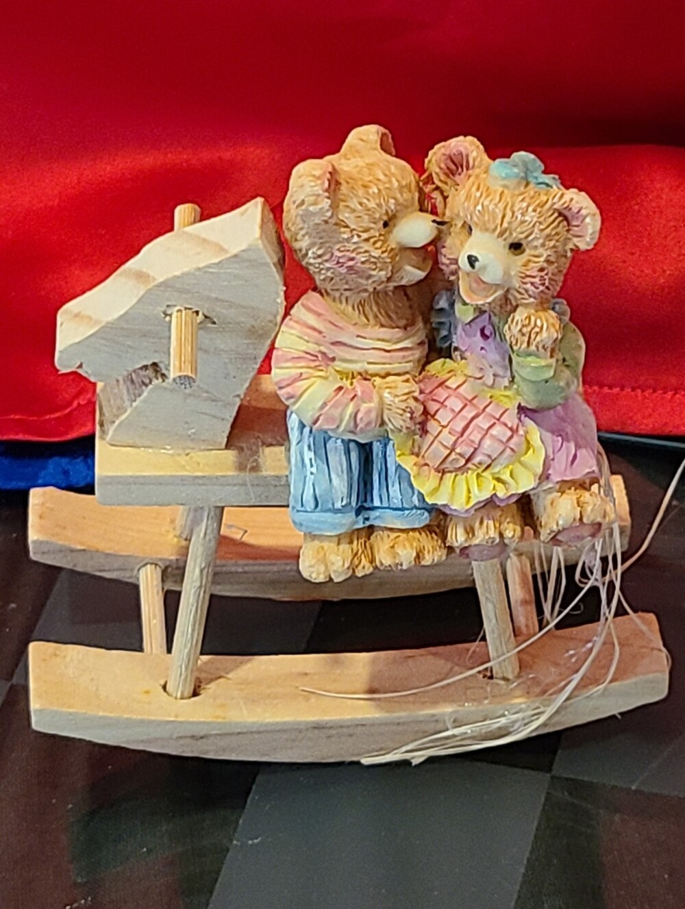 Pastel Teddy Bears on Wooden Rocker To Add To Ur Bear Collecrion Pink & Blue